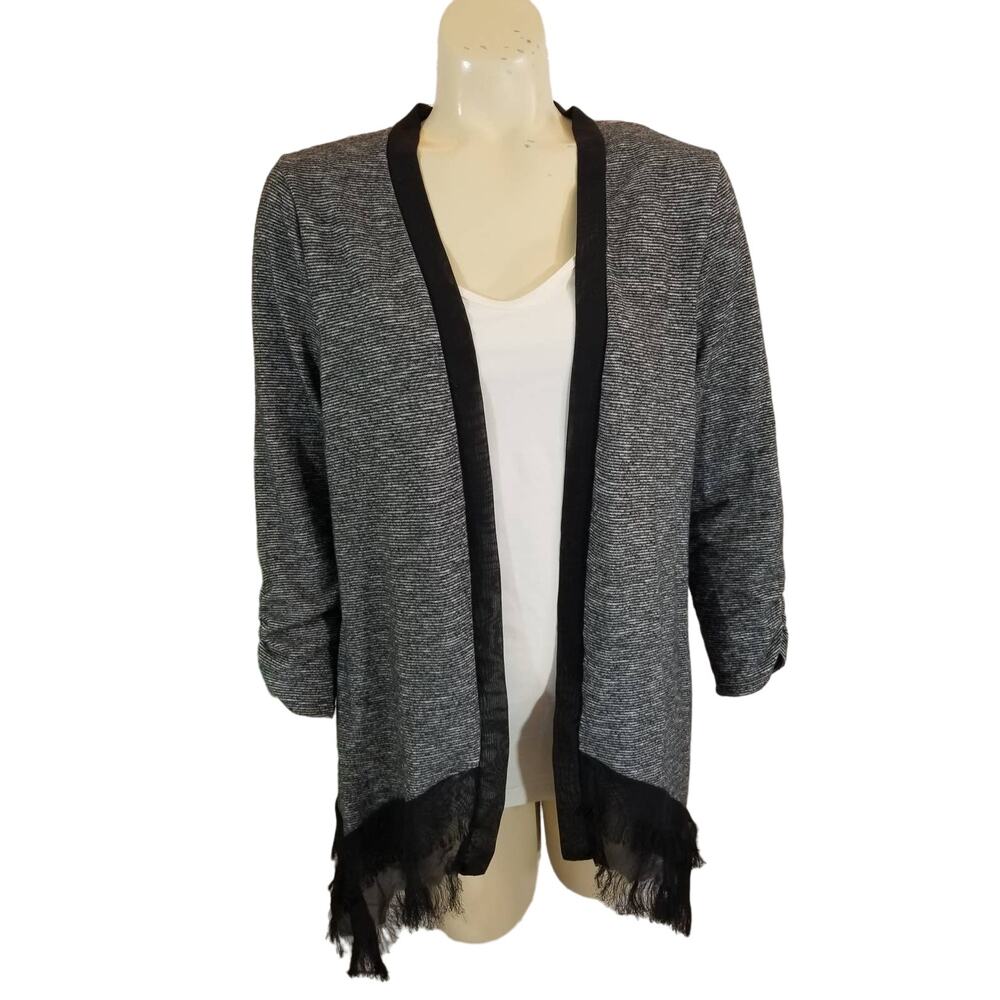 Ab Studio Gray Black Cardigan Sweater Open Front Fringe Black‎ Gray Sz Large